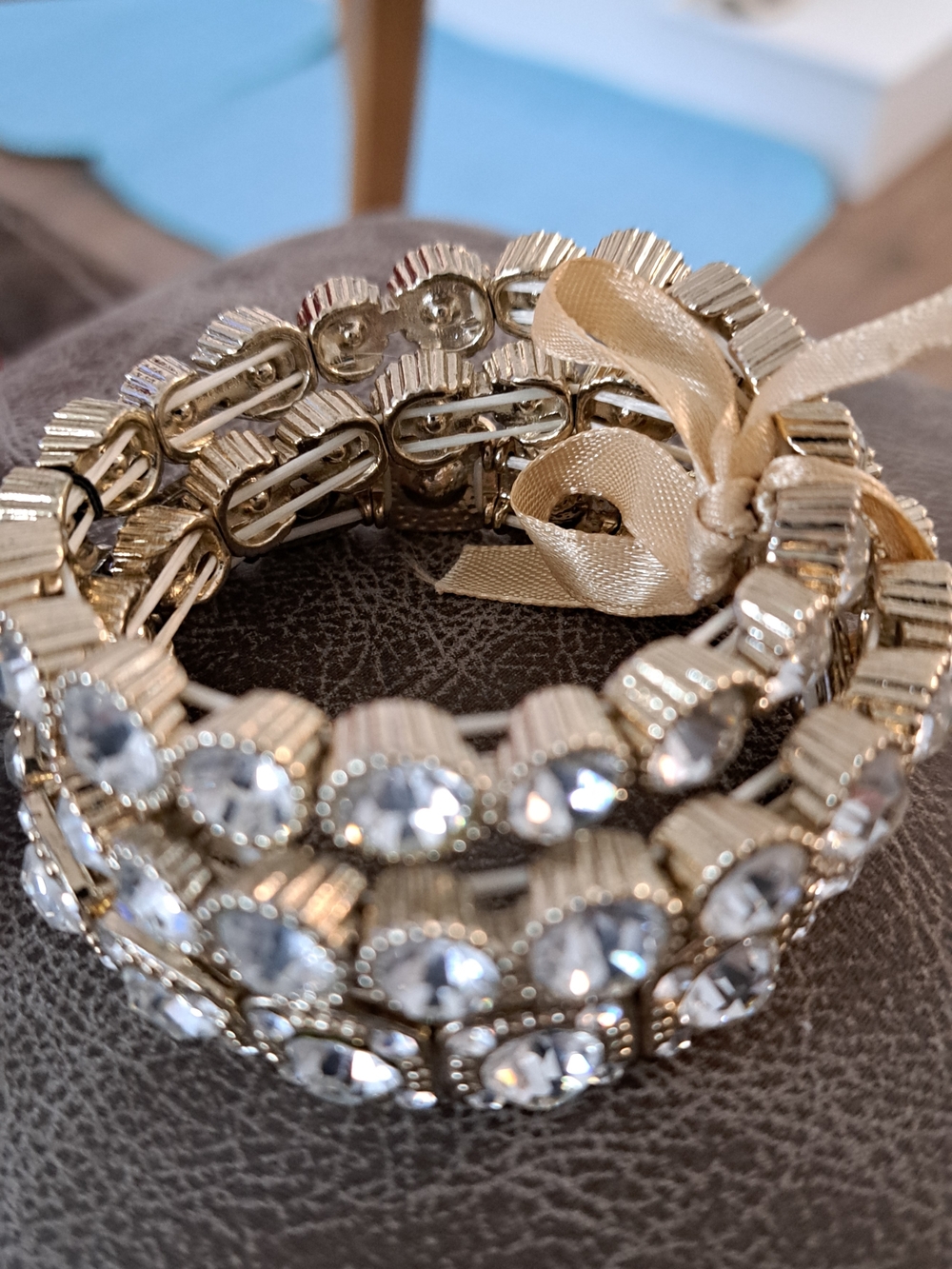 Cache Gold-Tone Crystal Stretch Bracelet with Ribbon
